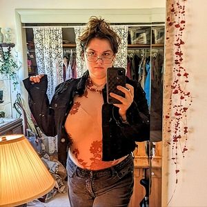 Gold Chain Back, Crop Jacket 1X Boutique Black Denim, Back Cutout, Oversized